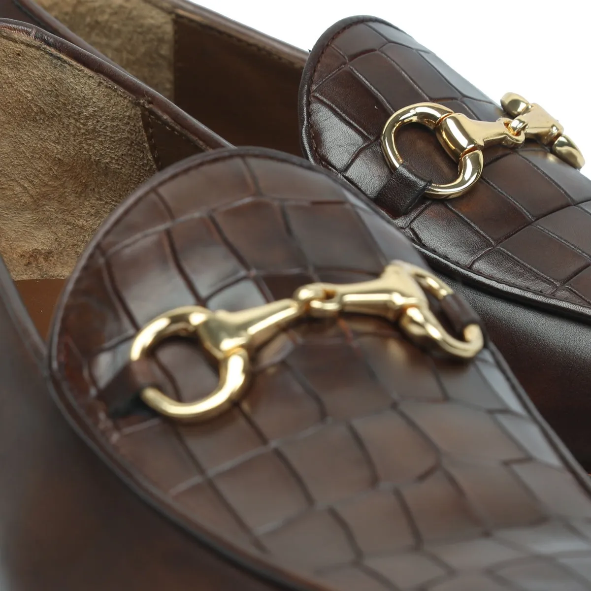 Squared Toe Brown Horse-bit Loafers With Deep Cut Croco Textured Leather at Vamp