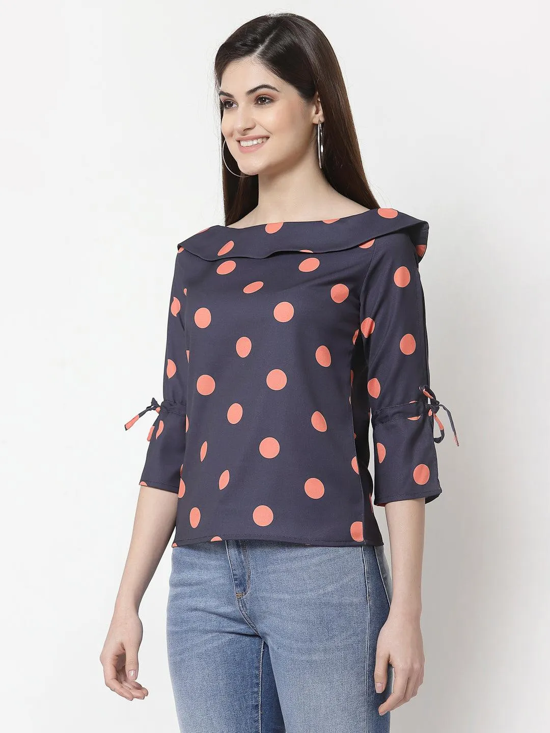 style quotient women Navy and coral polka printed polycrepe smart casual top