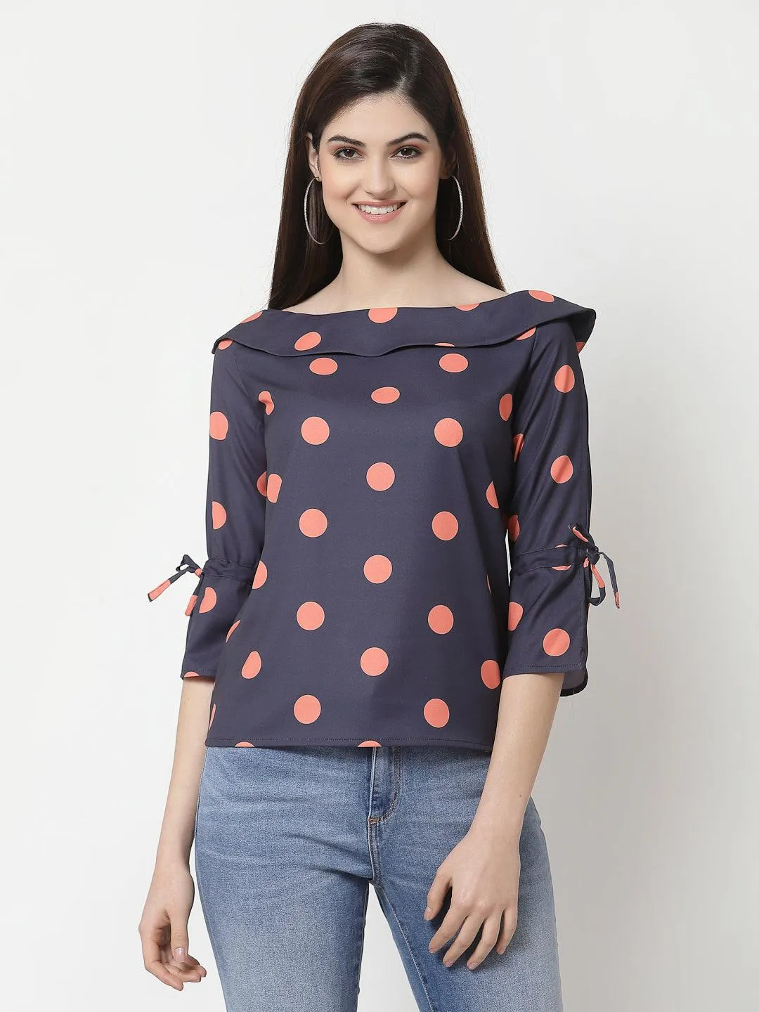 style quotient women Navy and coral polka printed polycrepe smart casual top