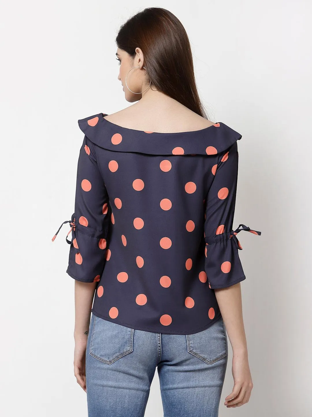 style quotient women Navy and coral polka printed polycrepe smart casual top