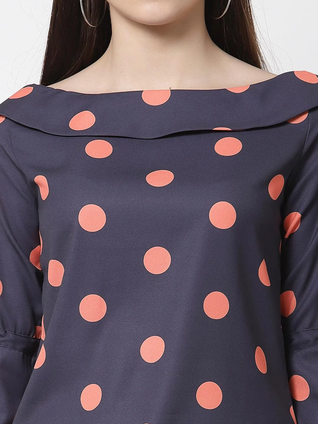 style quotient women Navy and coral polka printed polycrepe smart casual top