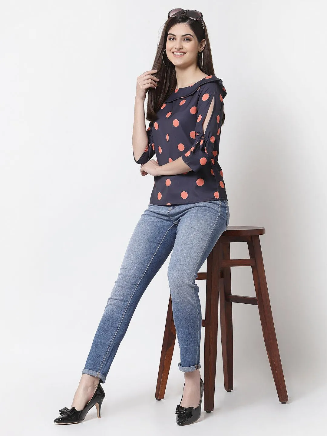 style quotient women Navy and coral polka printed polycrepe smart casual top