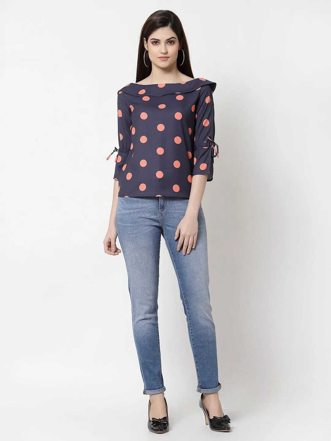 style quotient women Navy and coral polka printed polycrepe smart casual top