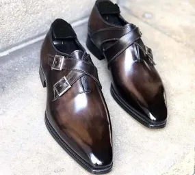 Stylish Men's Handmade Dark Brown Double Monk Leather Shoes, Men Dress Buckle Shoes