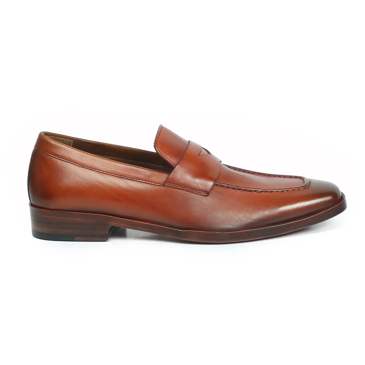 Tan Leather Penny Loafers with Triangular Cut-Strap