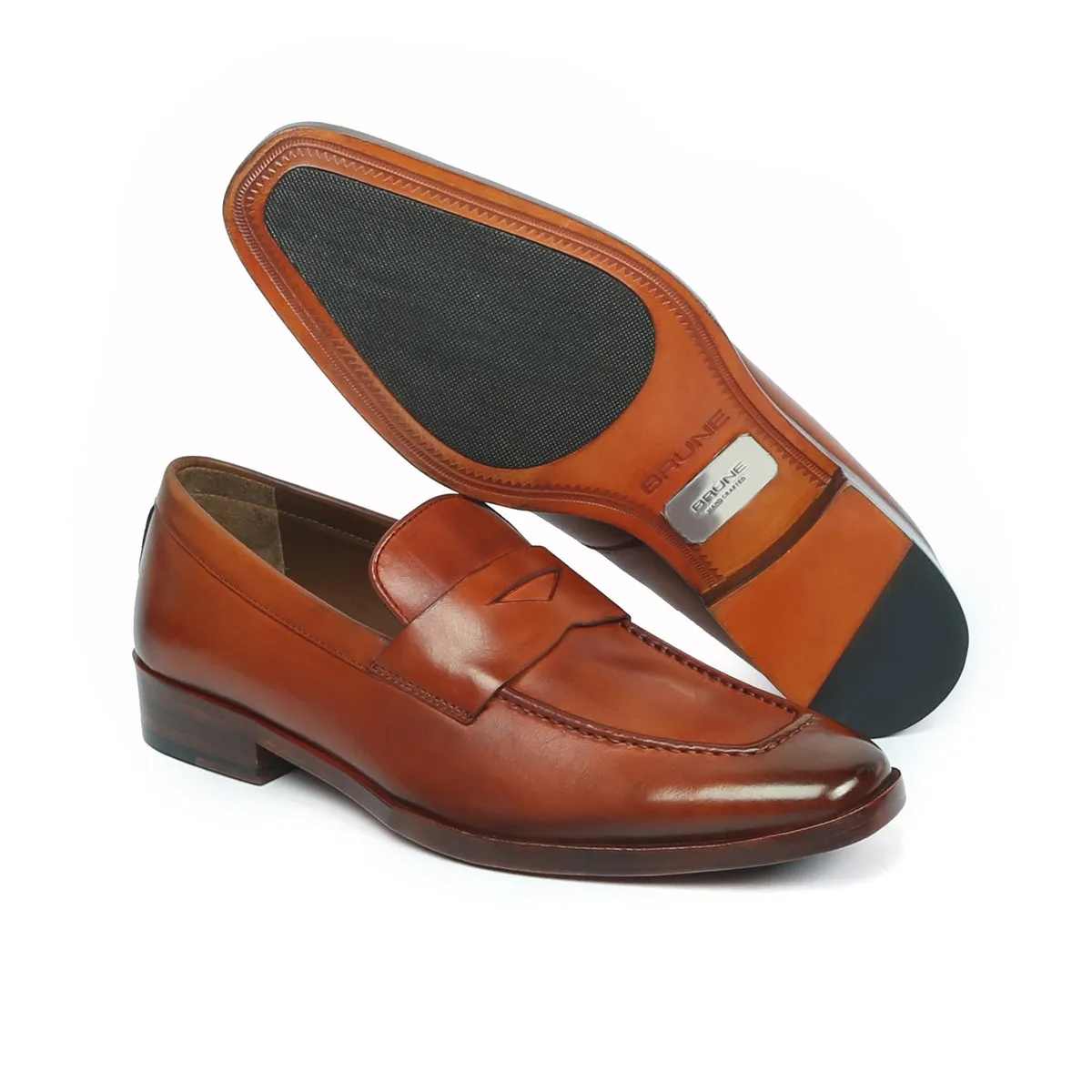 Tan Leather Penny Loafers with Triangular Cut-Strap