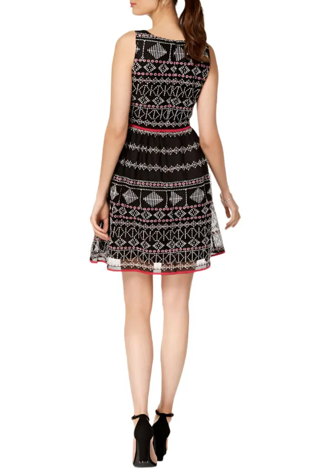 Taylor Boat Neck Sleeveless A-Line Piping Detail Zipper Back Multi Print Mesh Dress