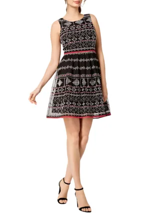 Taylor Boat Neck Sleeveless A-Line Piping Detail Zipper Back Multi Print Mesh Dress