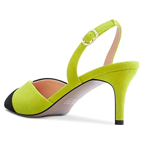 TNYNFBEB Women Mid Heel Pointed Cap Toe Sandals Ankle Strap Slingback Buckle Patchwork Wedding Party Cute Basic Classic 2.6 Inches Heels Lime Green