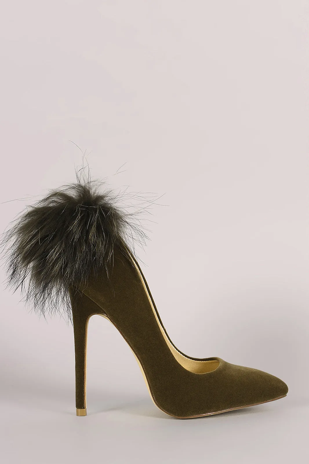 Velvet Fur Pompom Pointy Toe Stiletto Pump