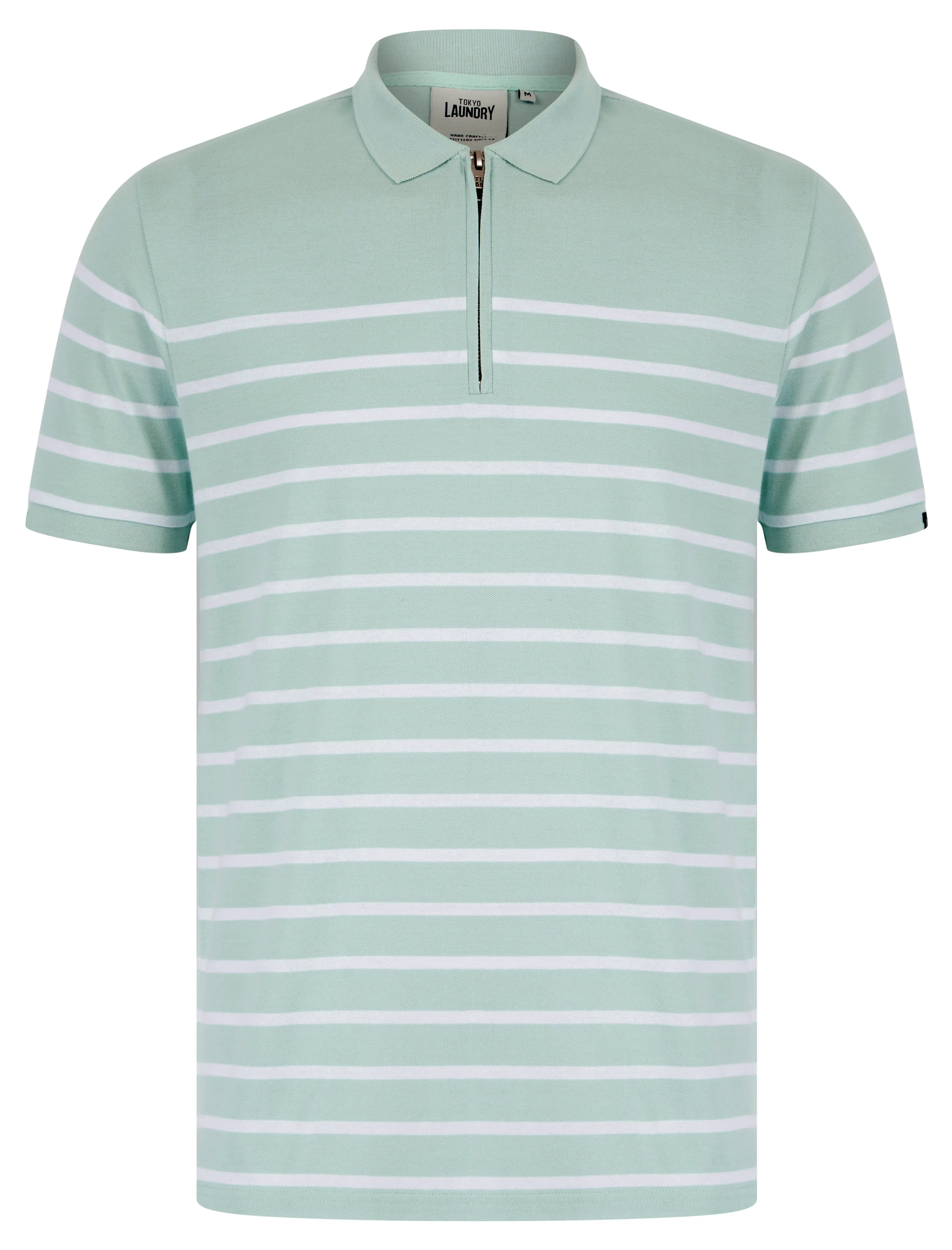 Wick Yarn Dyed Stripe Cotton Pique Zip Fasten Polo Shirt in Cloud Blue - Tokyo Laundry