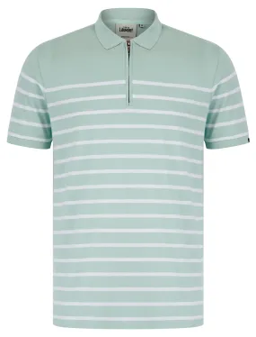 Wick Yarn Dyed Stripe Cotton Pique Zip Fasten Polo Shirt in Cloud Blue - Tokyo Laundry