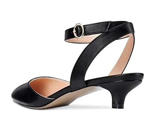 Women Kitten Low Heel Close Pointed Toe Pumps Ankle Strap Slingback Buckle Sandals Wedding Office Cute Classic Shoes Black Matte