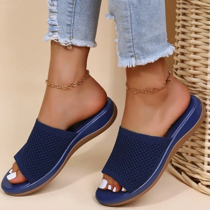 Women knit one strap peep toe slide beach sandals