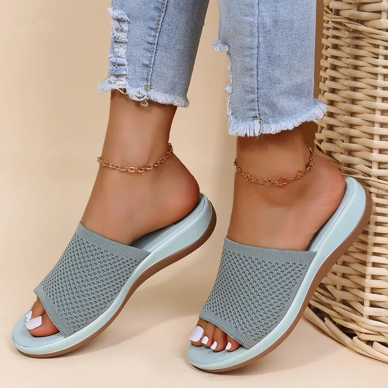 Women knit one strap peep toe slide beach sandals