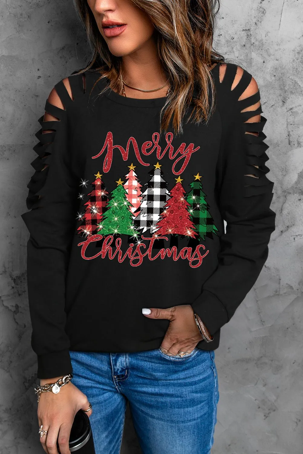 Women's Merry Christmas Trees Cut Out Shoulder Black Sweatshirts