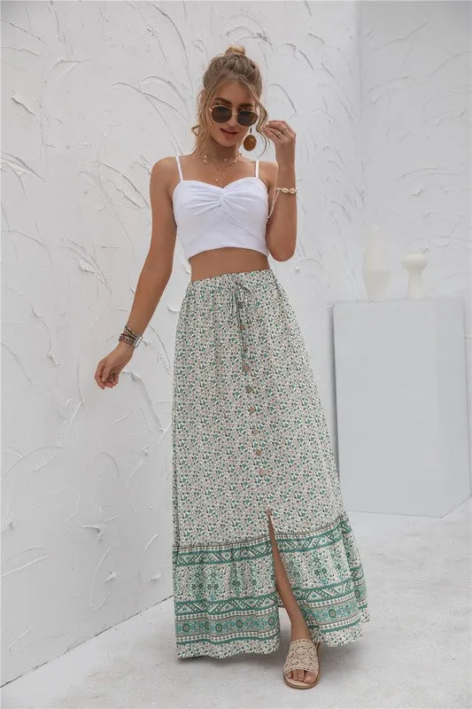 Womens Print Maxi Skirt - Green