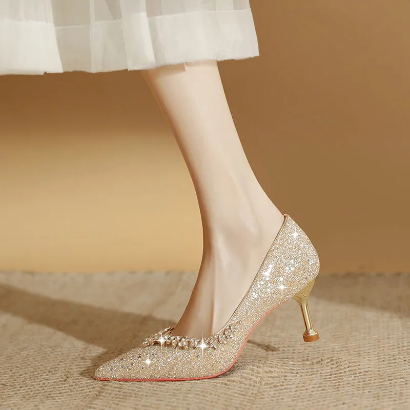 Womens Wedding Bridal Shoes Elegant Glitter Thin Heels Pumps