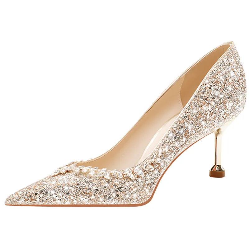 Womens Wedding Bridal Shoes Elegant Glitter Thin Heels Pumps