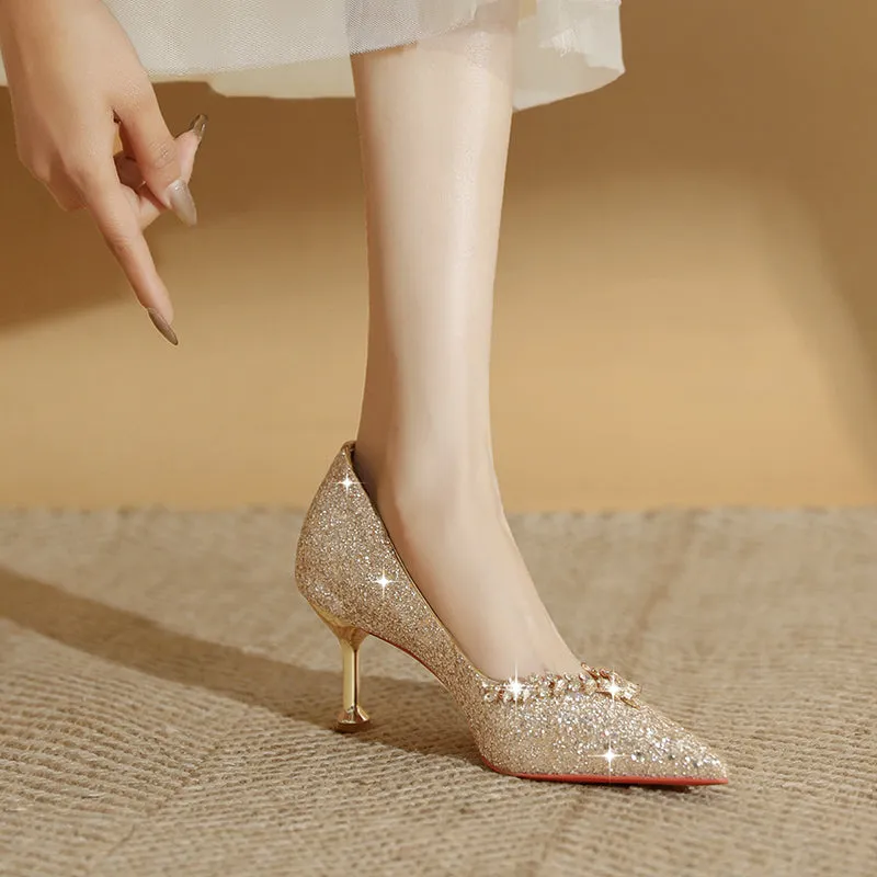 Womens Wedding Bridal Shoes Elegant Glitter Thin Heels Pumps