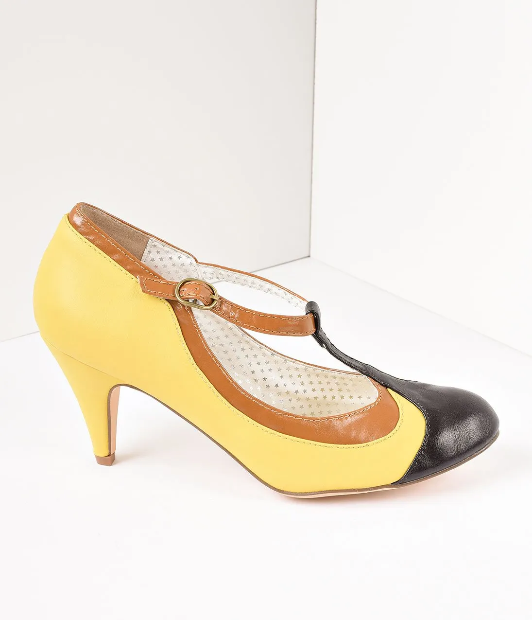 Yellow Tricolor Leatherette T-Strap Pumps